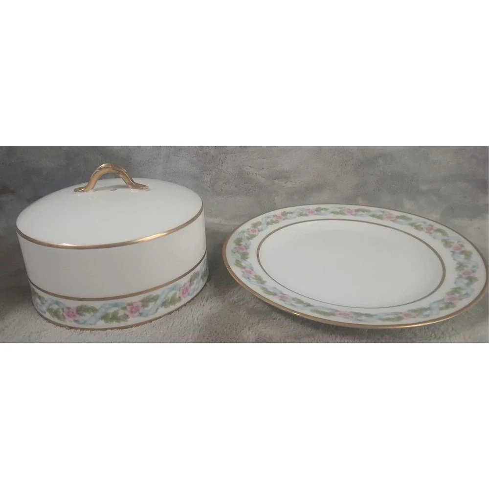 GDA‎ Limoges France Porcelain Covered Butter Dish Pink Floral Blue Ribbon Gold